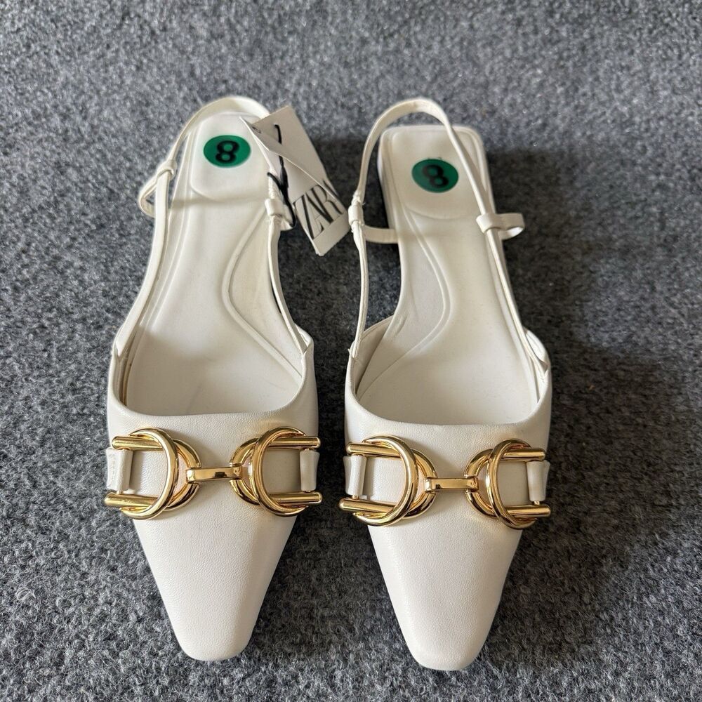 Zara White Leather Slingback Flats Gold Horsebit Buckle Pointed Toe Shoes Size 8